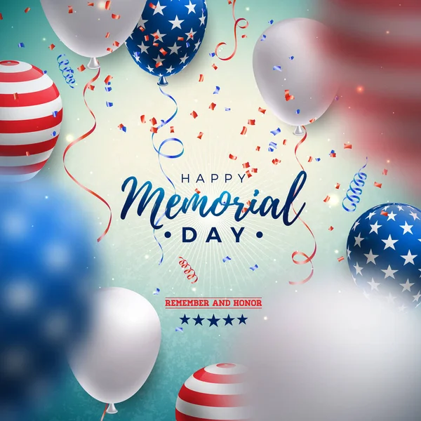 Memorial Day of the USA Vector Design Template with American Flag Air Balloon and Falling Confetti on Shiny Blue Background National Patriotic Celebration Illustration for Banner or Greeting Card — стоковий вектор