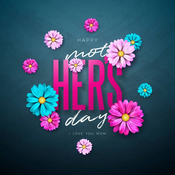 Happy Moederdag wenskaart ontwerp met bloem en typografie Brief op donkere achtergrond. Vector Celebration Illustratie Sjabloon voor Banner, Flyer, Uitnodiging, Brochure, Poster. — Stockvector