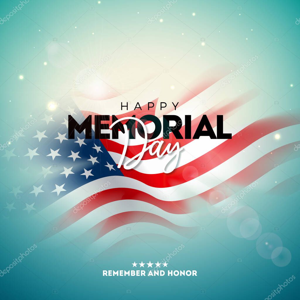 Memorial Day of the USA Vector Design Template with Blured American Flag on Light Background. National Patriotic Celebration Illustration for Banner, Greeting Card, Invitation or Holiday Poster.