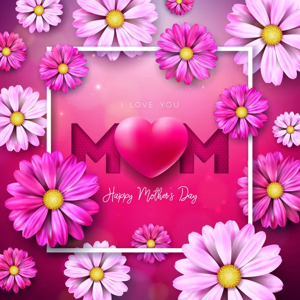 Ich liebe dich, Mom. Happy Mothers Day Grußkarte Design mit Blume und rotem Herz auf rosa Hintergrund. Vektorfeier Illustrationsvorlage für Banner, Flyer, Einladung, Broschüre, Plakat. — Stockvektor