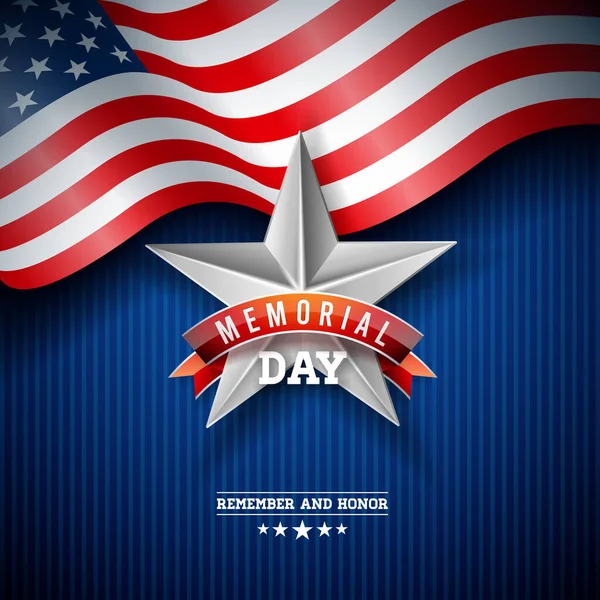 Memorial Day of the USA Vector Design Template with American Flag on Falling Colorful Star Background (em inglês). Ilustração Nacional de Celebração Patriótica para Banner, Cartão, Convite ou Cartaz . —  Vetores de Stock