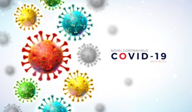 Covid-19. Coronavirus Salgını Tasarımı Düşen Virüs Hücresi ve Işık Arkaplanda Typography Letter. Vektör 2019-ncov Corona Virüs Sancak İçin Tehlikeli SARS Salgın Teması.