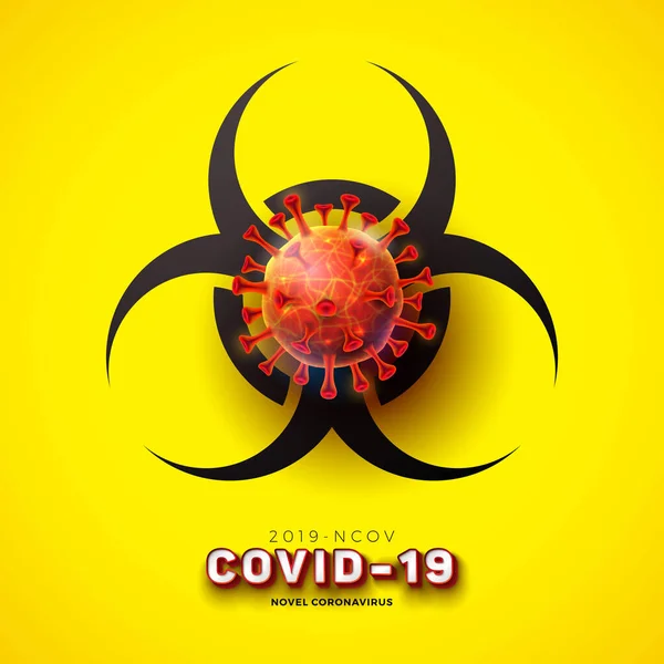 Ковід-19. Новий дизайн концепції коронавірусу з вірусною клітиною та символом біологічної небезпеки на жовтому тлі. Вектор 2019-nCoV Ілюстрація вірусу Корони на небезпечну тему епідемії SARS . — стоковий вектор