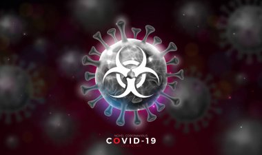 Covid-19. Roman Coronavirus, Virüs Hücresi Tasarımı ve Karanlık Arkaplanda Biyolojik Tehlike Sembolü. Vektör 2019-nCoV Corona Virüs İllüstrasyonu Tehlikeli SARS Salgın Teması.