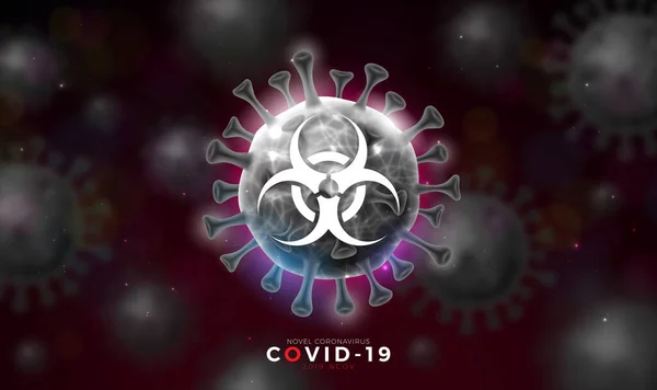 Covid-19. Neuartiges Coronavirus-Konzeptdesign mit Virenzelle und biologischem Gefahrensymbol auf dunklem Hintergrund. Vector 2019-nCoV Corona Virus Illustration zum Thema gefährliche SARS-Epidemie. — Stockvektor