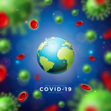 Covid-19. Coronavirus Salgını Virüs ve Kan Hücreleri ve Mavi Arkaplanda Dünya ile Tasarım. Vektör 2019-ncov Corona Virüs Tanıtım Teması Tehlikeli SARS Salgını Şablonu