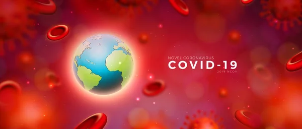 Covid-19. Coronavirus Salgını Virüs ve Kan Hücreleri ve Kırmızı Arkaplanda Dünya ile Tasarım. Vektör 2019-ncov Corona Virüs Tanıtım Teması Tehlikeli SARS Salgını Şablonu — Stok Vektör