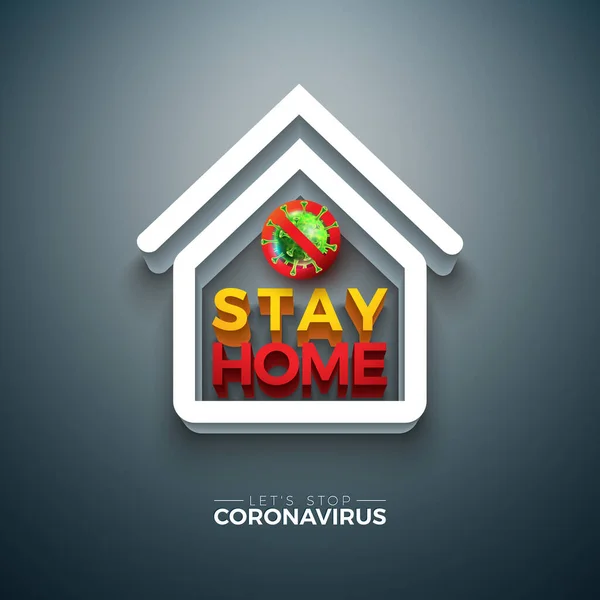 Reste à la maison. Arrêtez la conception du coronavirus avec le virus Covid-19 et le symbole de la maison 3d sur fond sombre. Illustration vectorielle de l'éclosion du virus Corona 2019-ncov sur le thème de l'épidémie de SRAS dangereuse pour la bannière . — Image vectorielle