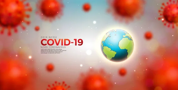 Covid-19. Coronavirus Salgını Virüs Hücreleri ve Dünya 'nın Işık Arkaplanda Tasarımı. Vector 2019-ncov Corona Virüs İllüstrasyon Tehlikeli SARS Salgın Teması Banner veya Flyer. — Stok Vektör