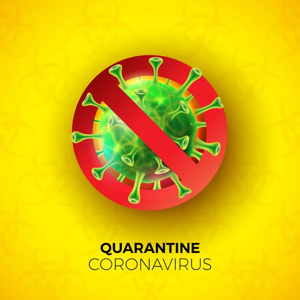 Quarantine Coronavirus Desain dengan Covid-19 Virus Cell pada Biological Danger Symbol Pola Latar Belakang. Vector 2019-ncov Corona Virus Outbreak Illustration (dalam bahasa Inggris). Tinggal di rumah, Tetap aman. - Stok Vektor