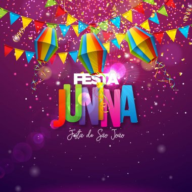 Parti Bayraklarıyla Festa Junina İllüstrasyonu, Paper Lantern ve Parlak Arkaplan Üzerine Renkli Mektup. Vektör Brezilya Haziran Festivali Kutlama Kartı, Davetiye veya Tatil Posteri Tasarımı.