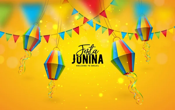 Ilustración de Festa Junina con banderas de fiesta y linterna de papel sobre fondo amarillo. Vector Brasil Festival de junio Diseño para tarjeta de felicitación, invitación o cartel de vacaciones. — Archivo Imágenes Vectoriales