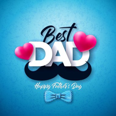 Mutlu Babalar Günü Tebrik kartı Tasarımı Noktalı Papyon, Bıyık ve Kırmızı Kalp Mavi Arkaplanda. Babam için Vektör Kutlama Çizimi. Banner, Flyer, Davetiye Şablonu