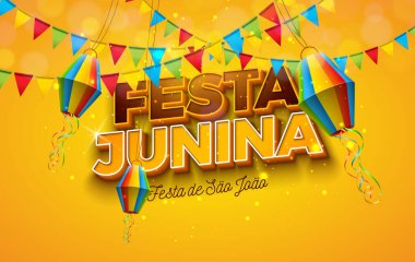 Parti Bayraklarıyla Festa Junina Illustration, Paper Lantern and 3d Letter on Yellow Background. Vektör Brezilya Haziran Festivali Kutlama Kartı, Davetiye veya Tatil Posteri Tasarımı.