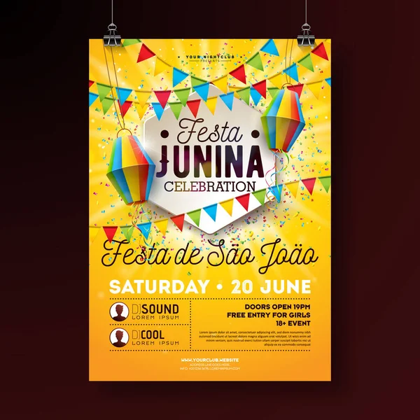 เฟสต้า Junina Party Flyer ภาพประกอบด้วยการออกแบบการพิมพ์ ธง โคมไฟกระดาษ และคอนเฟ็ตติ บนพื้นหลังสีเหลือง เวกเตอร์บราซิลเดือนมิถุนายนการออกแบบเทศกาลสําหรับการเชิญหรือโปสเตอร์ฉลองวันหยุด . — ภาพเวกเตอร์สต็อก