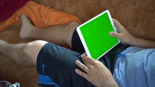 Man Working Home Tablet While Drinking Coffee — Stock Video