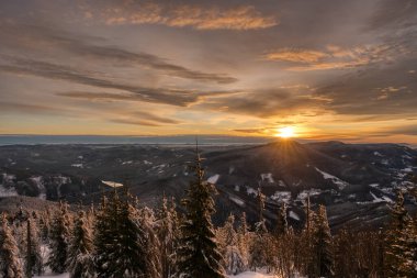 Gün batımında karla kaplı ağaçlarla kaplı güzel kış manzarası.