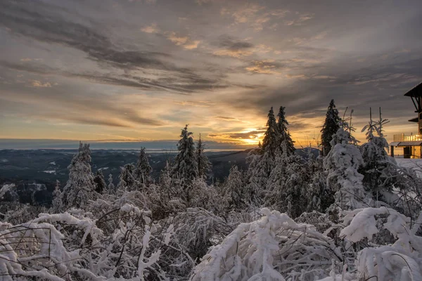 Hermoso paisaje de invierno con árboles cubiertos de nieve en la puesta del sol, beskydy checa — Foto de Stock
