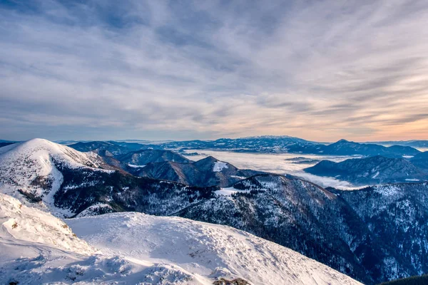 Krásné zimní panorama s čerstvým prachovým sněhem. Krajina se smrky, modrá obloha. Slovensko Malá Fatra — Stock fotografie