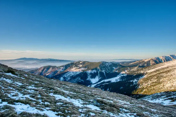 Low Winter Snow Cover Mountains Sunrise Fog Valley Nizke Tatry — Stock Photo, Image