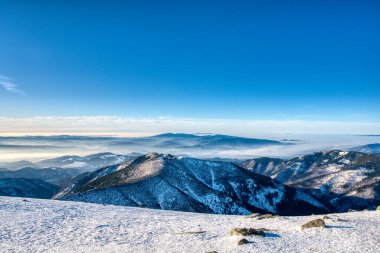 Düşük Tatra 'dan Karpatya' ya kadar uzanan dağların panoramik manzarası. Gün doğumunda vadide sis, Slovakya 'da alçak tatralar, daha aptal tatralar.