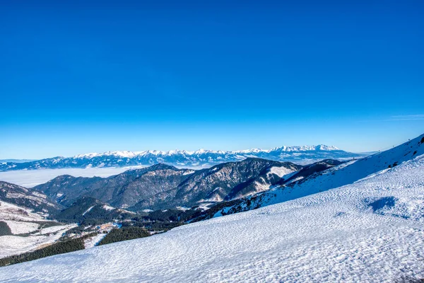 เขาฤด หนาวท หมอกในห บเขาและส Tatras ในพ นหล เขาทาตรา — ภาพถ่ายสต็อก