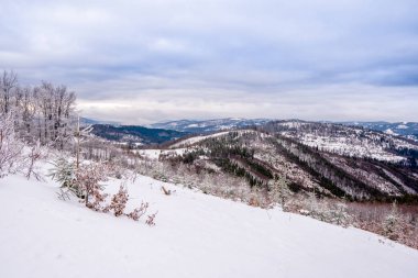 Dağlarda kış manzarası Bulutlu kemer, Slovakya Beskid Dağları Velka Raca, Beskydy Dağları