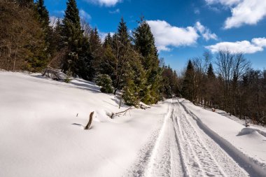 Kış dağlarında yollar arabalara ve kar motosikletlerine biner, güzel mavi gökyüzü, Slovakya beskidy, beskid dağları