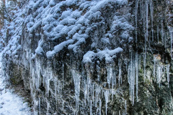 Dağlardaki Kayalıklardaki Donmuş Sarkıtlar Etrafları Karla Kaplı Slovakya Mala Fatra — Stok fotoğraf