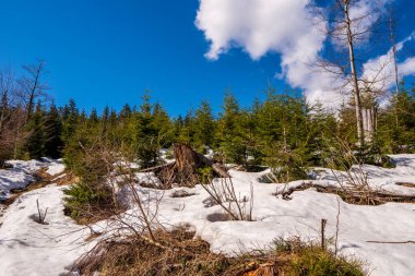Güzel bahar dağları güzel bir gökyüzü ve güneşli bir gün ile küçük bir kar ile, czech beskydy