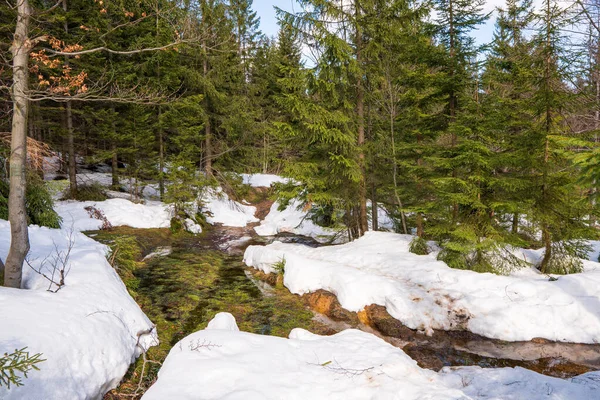 Derretimiento Nieve Las Montañas Primavera Agua Escurre Con Caminos Día — Foto de Stock