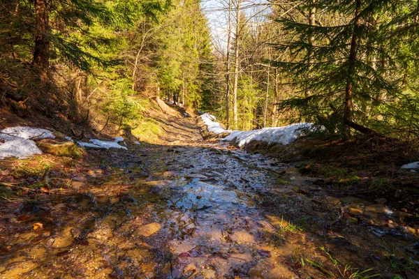 Water Stroomt Langs Weg Met Mysterieuze Sneeuw Bergen Het Voorjaar — Stockfoto