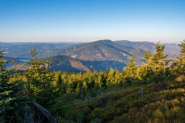 Beautiful View Mountains Covered Spruces Dam Valley Czech Beskydy Lysa — Stock Photo, Image