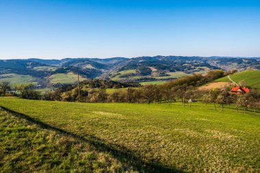 Güneşli bir bahar gününde, etrafındaki ağaçlar ve ormanlarla dolu dağlarda çim tarlaları.