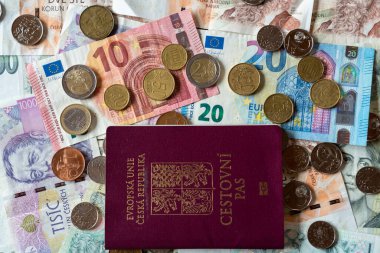 Bozuk paralar ve paralar Czech para birimi ve euro ile pasaport, czk czech