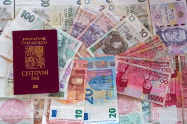 Pasaportlu farklı para birimlerinin banknotları, Czech euro IDR CZK PLN