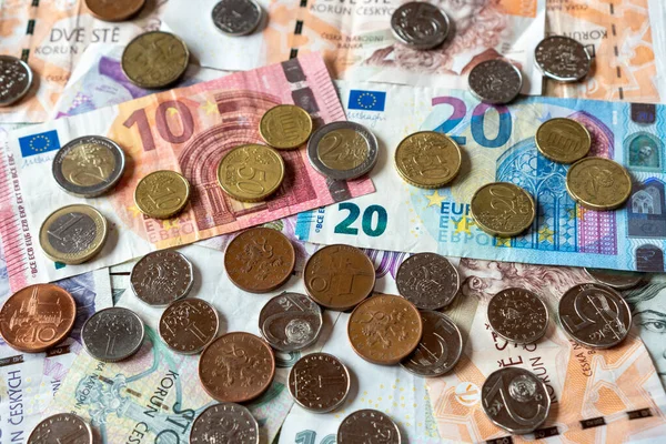 Pièces Billets Banque Monnaie Tchèque Euro Tchèque Tchèque Tchèque — Photo