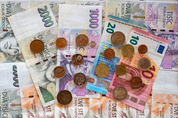 Verschillende Euro Czk Bankbiljetten Munten — Stockfoto