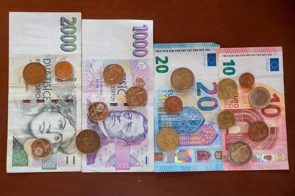 Várias Notas Moedas Euro Czk — Fotografia de Stock