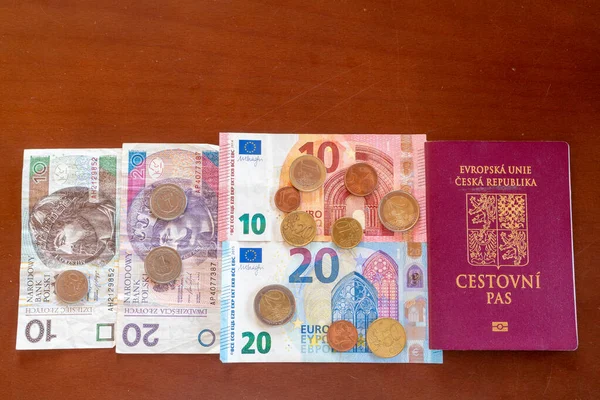 Various Euro Banknotes Coins Pln Passport — Stock Photo, Image