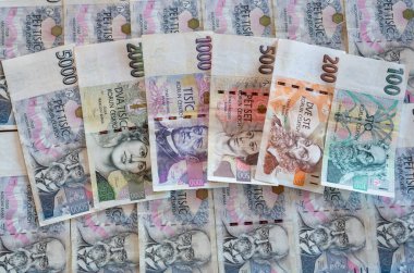 CZ banknotları yan yana dizilmiş bir masanın üzerine