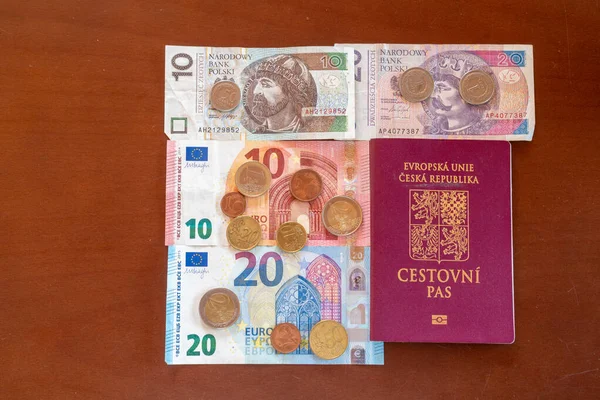 Olika Eurosedlar Och Euromynt Pln Och Pass — Stockfoto