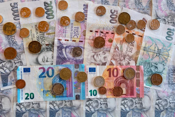 Moedas Notas Euro Coroa Lado Lado Eur Czk — Fotografia de Stock