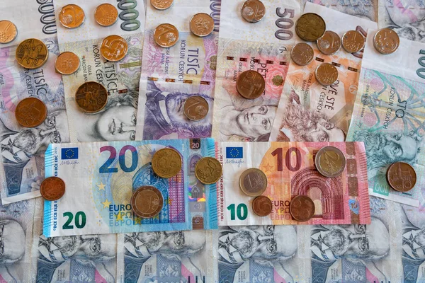 Mynt Och Sedlar Euro Och Krona Sida Vid Sida Czk — Stockfoto