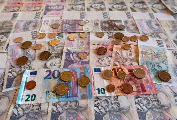 Mynt Och Sedlar Euro Och Krona Sida Vid Sida Czk — Stockfoto