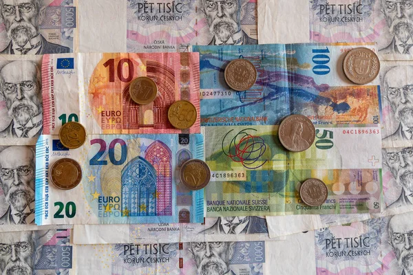 Billets Pièces Différentes Monnaies Euro Chf — Photo