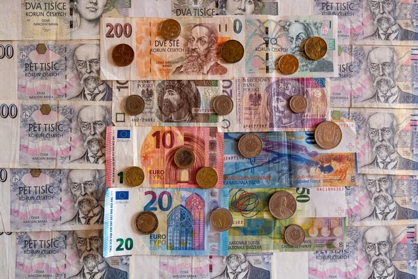 Billets Pièces Diverses Monnaies Euro Chf Czk Pln — Photo