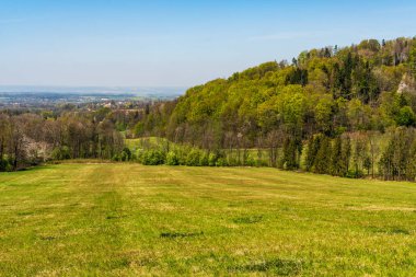 yeşil tarlalar ve güzel tepeler İlkbaharın başlarında yeşil ve beyaz renkler