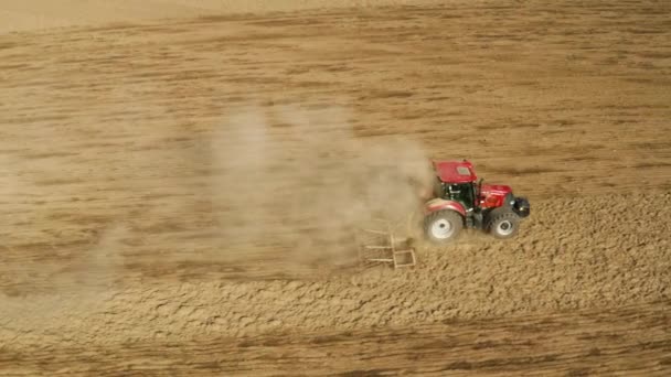 Farmer on Tractor Plowing Dusty Arid Soil (en inglés). Farm Car Seguido por Flock Birds. El tractor corta surcos en el campo agrícola para la siembra. Agronegocios en primavera. Siembra de cultivos agrícolas — Vídeos de Stock