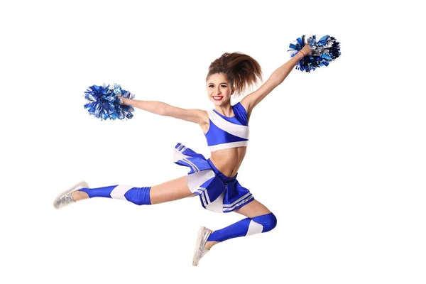 Young cheerleader in blue and white suit with pompoms on white background. — Stock Photo, Image